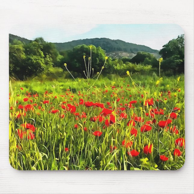 Vår Poppies Meadow and Mountain Landscape Musmatta (Framsidan)