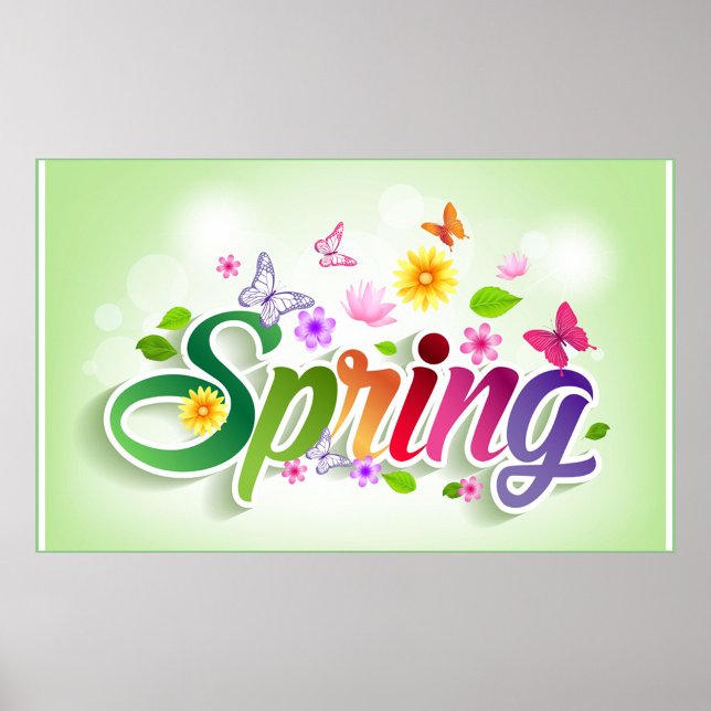 Vår Poster (A vibrant spring themed graphic with colorful flowers and butterflies.)