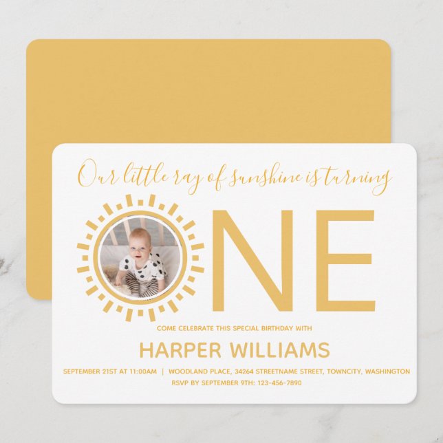 Vår Ray från Sunshine Photo Baby första födelsedag Inbjudningar (Fram/baksida)
