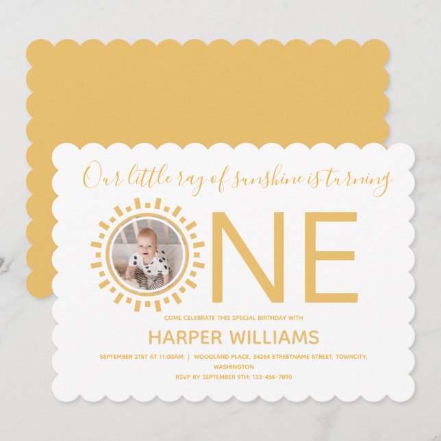 Vår Ray of Sunshine Photo Baby 1:a födelsedag Inbjudningar (Fram/baksida)
