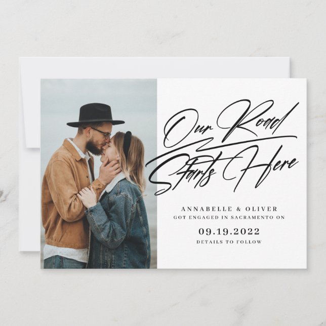 Vår resa börjar här | Foto på förlovning Meddelande (Framsida)