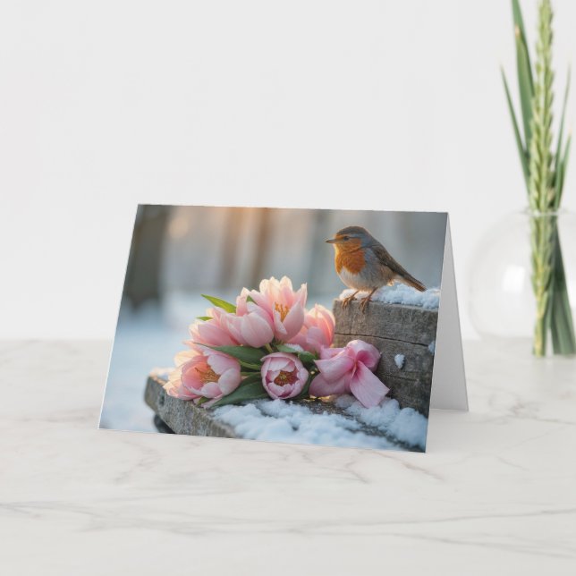 Vår Robbin Med Rosa Tulpaner Kort (Framsida)