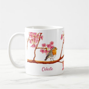Vår Robin Bird Cherry Blommar Coffee Mugg