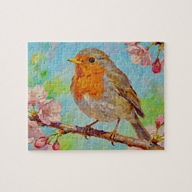 Vår Robin i Körsbärsblommor Oljemålning Pussel (Horisontell)