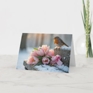 Vår Robin With Rosa Tulips Kort
