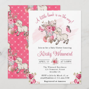 Vår Rosa Blommig Korg & Söt Lamm Baby Shower Inbjudningar