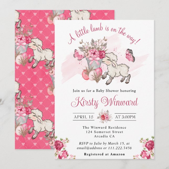 Vår Rosa Blommig Korg & Söt Lamm Baby Shower Inbjudningar (Fram/baksida)