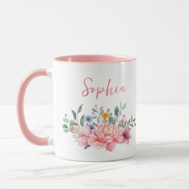 Vår Rosa Blommigt Bouquet Personalize Namn Mugg (Vänster)