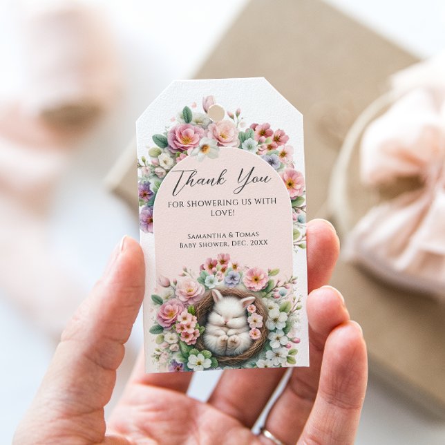 Vår  Rosa blommigt bunny Flicka Shower Presentetikett (Skapare uppladdad)