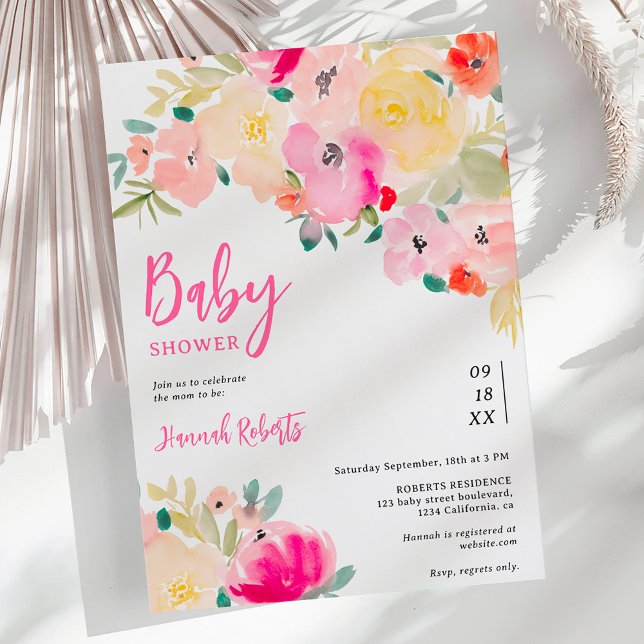 Vår rosa boho chic blommigt babydusch för     inbjudningar (Spring pink boho chic garden floral baby shower invitation)