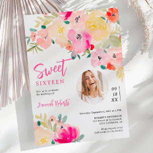 Vår rosa boho chic blommigt foto sötat 16 inbjudningar