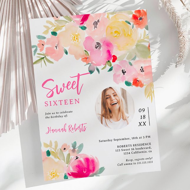 Vår rosa boho chic   blommigt foto sötat 16 inbjudningar (Spring pink boho chic garden floral photo sweet 16 invitation)