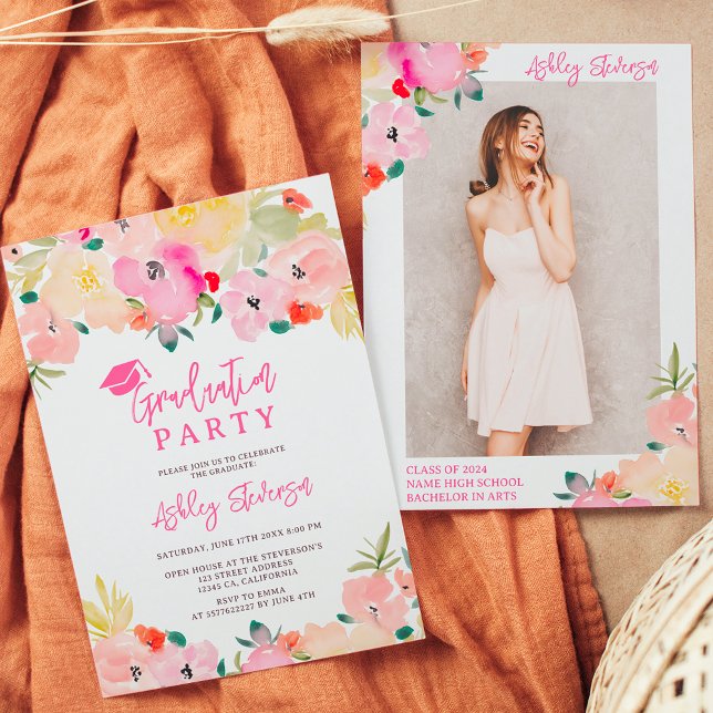 Vår rosa boho chic   blommigt studenten inbjudningar (Spring pink boho chic garden floral graduation invitation)