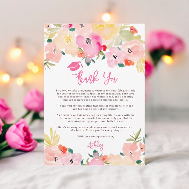 Vår rosa boho chic   blommigt studenten tack kort (Spring pink boho chic garden floral graduation thank you card)