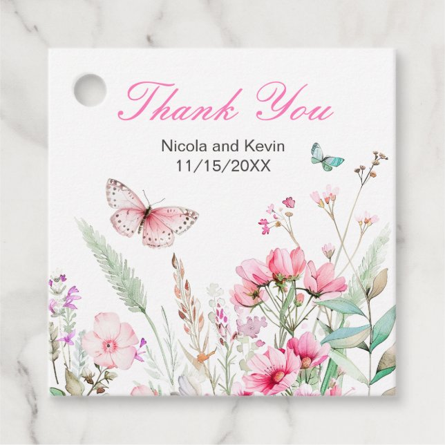 Vår Rosa Butterfly Blommigt Bröllop Gåvor Etiketter (Framsida)