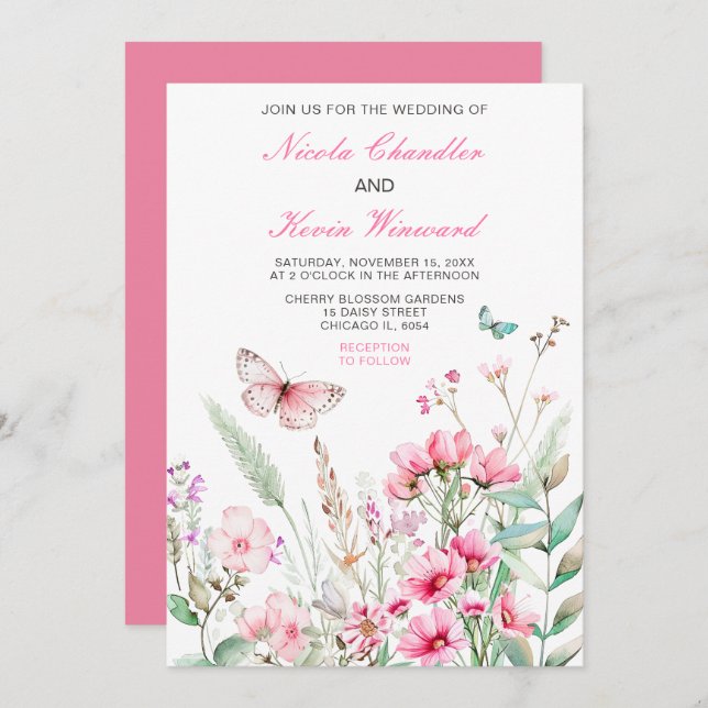 Vår Rosa Butterfly Blommigt Bröllop Inbjudningar (Fram/baksida)