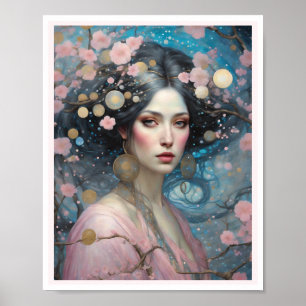 Vår Rosa Cherry Blommar Woman Blue Ögon Poster