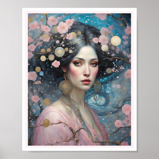 Vår Rosa Cherry Blommar Woman Blue Ögon Poster (Framsidan)