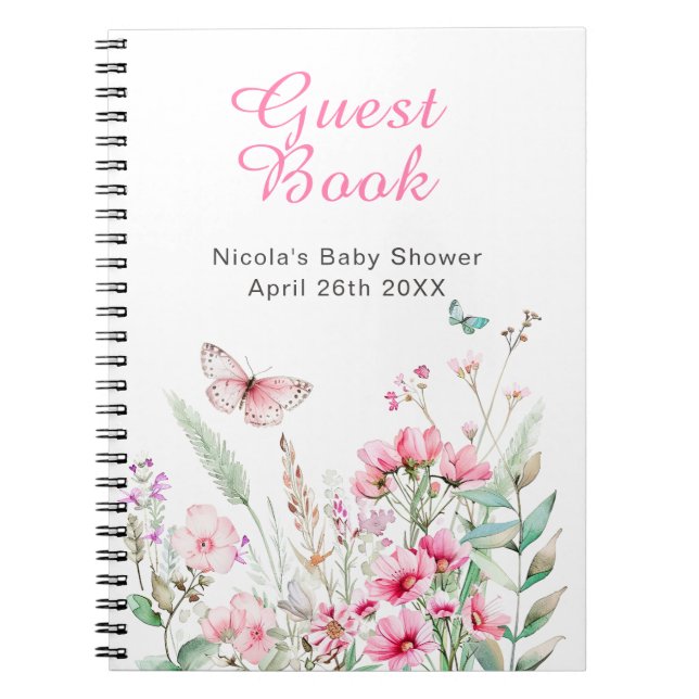 Vår Rosa Fjäril Blommig Bebis Shower Anteckningsbok (Framsidan)
