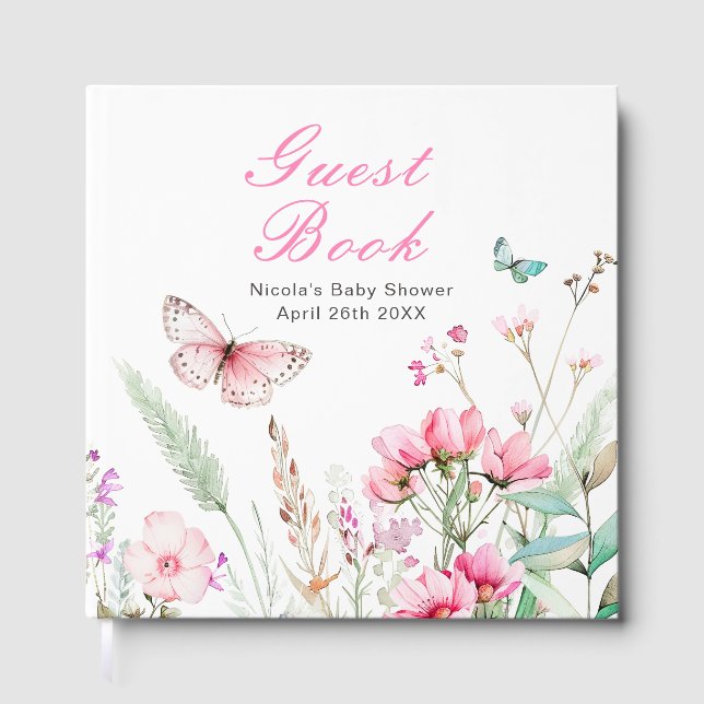 Vår Rosa Fjäril Blommig Bebis Shower Gästböcker (Framsida)
