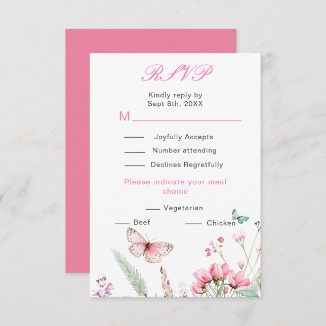 Vår rosa fjäril Blommig Bröllop OSA Kort (Fram/baksida)