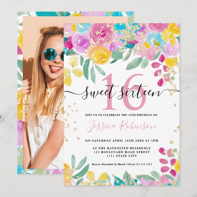 Vår rosa gult blommigt guld, skript Sweet 16 Inbjudningar (Fram/baksida)