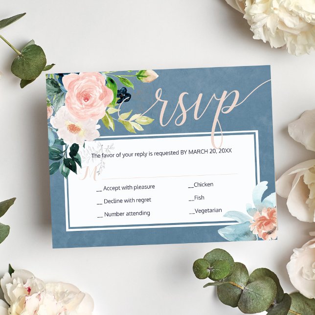 Vår  rosa och dammiga blå peonier bröllop OSA kort (Skapare uppladdad)