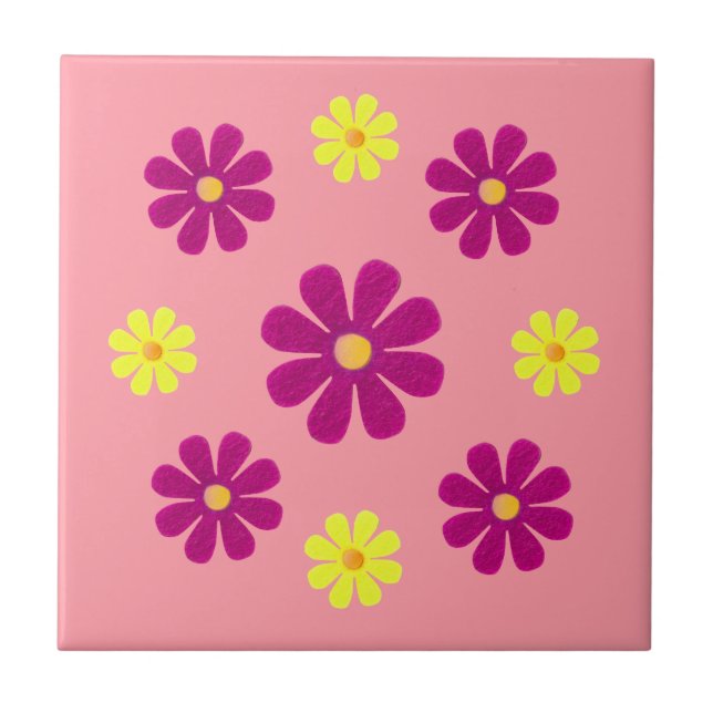 Vår rosa och gula blommor för köket kakelplatta (Framsidan)