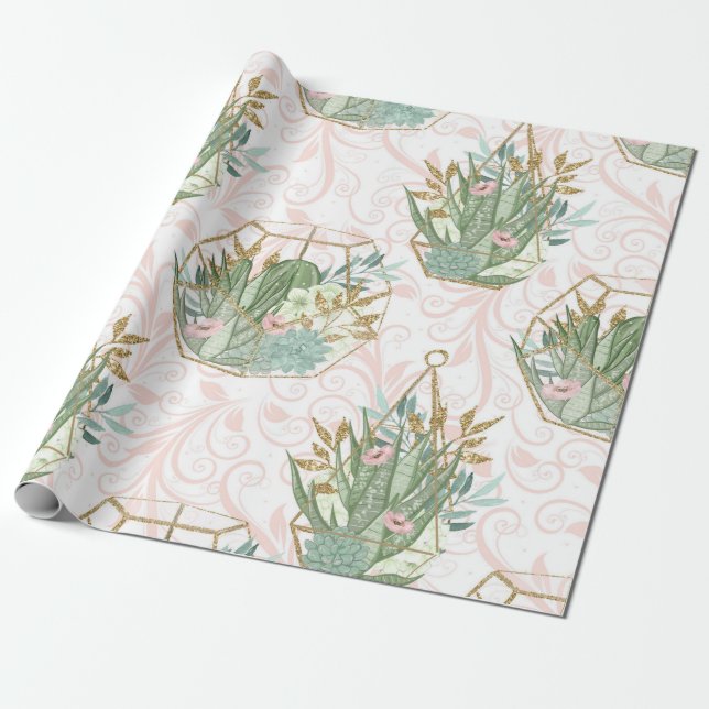 Vår Rosa och Mint Glitter Sukkulenter Presentpapper (Utrullad)