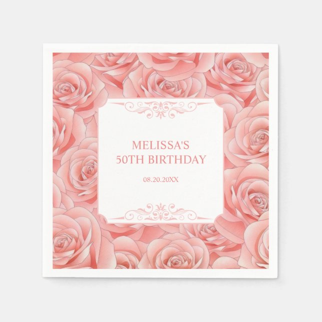 Vår Rosa ros Blommar Blommigt Birthday Pappersservett (Framsidan)