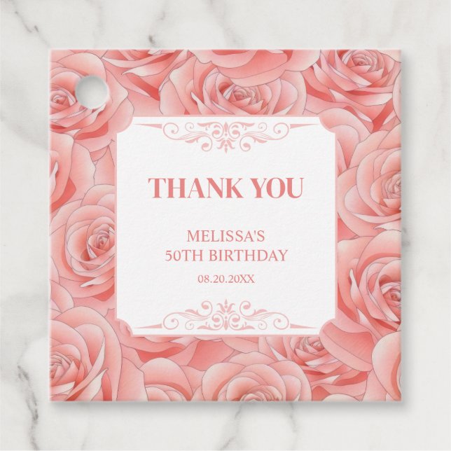 Vår Rosa ros Blommar Blommigt Tack Gåvor Etiketter (Framsida)