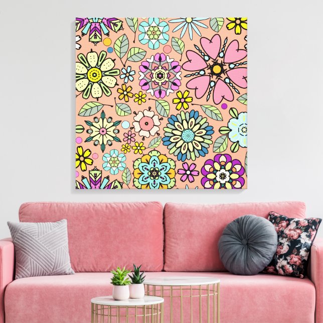 Vår Säsong Retro Blommiga Färger Sömlöst Mönster Canvastryck (Insitu (Vardagsrum))