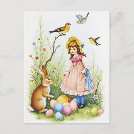 Vår Scene med flicka, kanin och Påskägg Helg Vykort