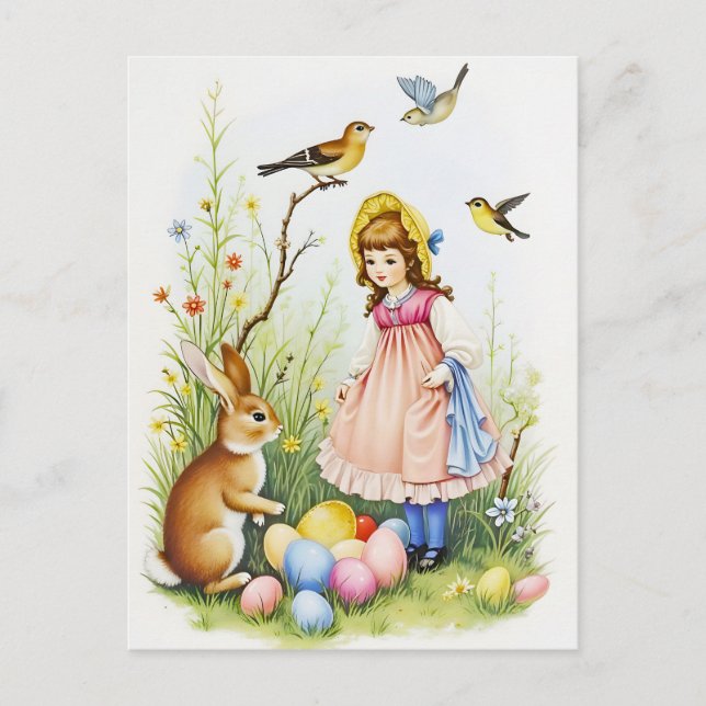 Vår Scene med flicka, kanin och Påskägg Helg Vykort (Framsida)