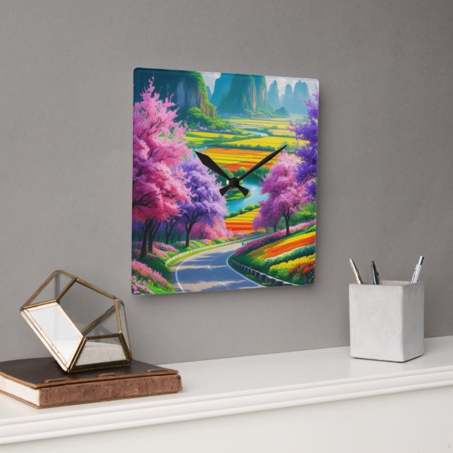 "Vår Serenity - Timless Blommigt Väg Wall Clock Fyrkantig Klocka (Kontor)