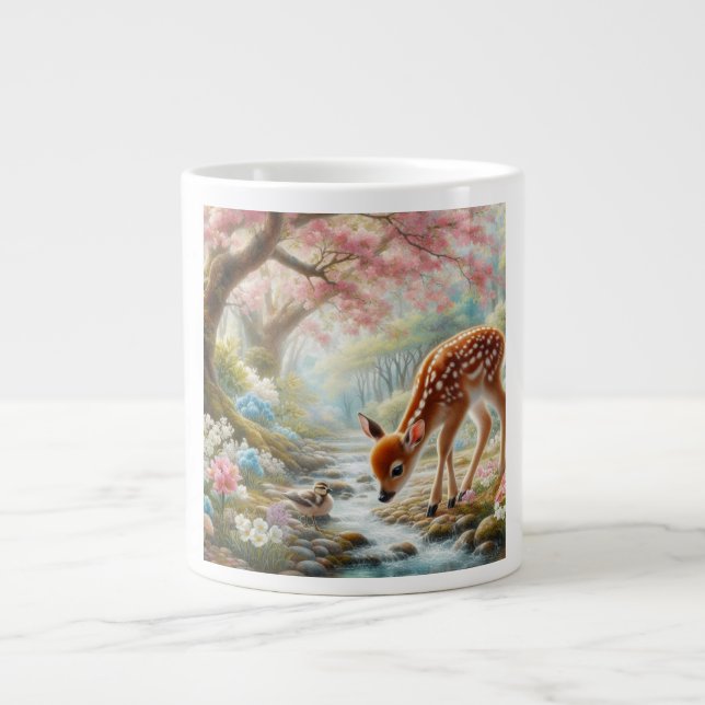 Vår skogen med anka och fawn/hjort jumbo mugg (Framsidan)