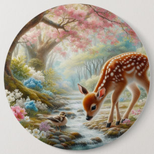 Vår skogen med anka och fawn/hjort knapp