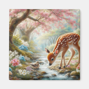 Vår skogen med anka och fawn/hjort magnet