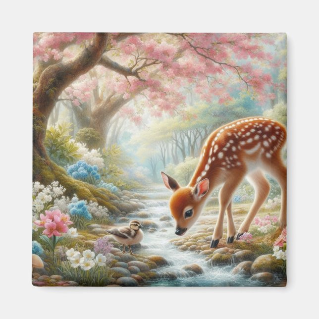 Vår skogen med anka och fawn/hjort magnet (Framsidan)