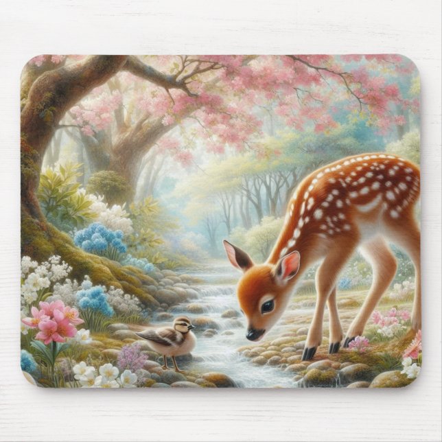 Vår skogen med anka och fawn/hjort musmatta (Framsidan)