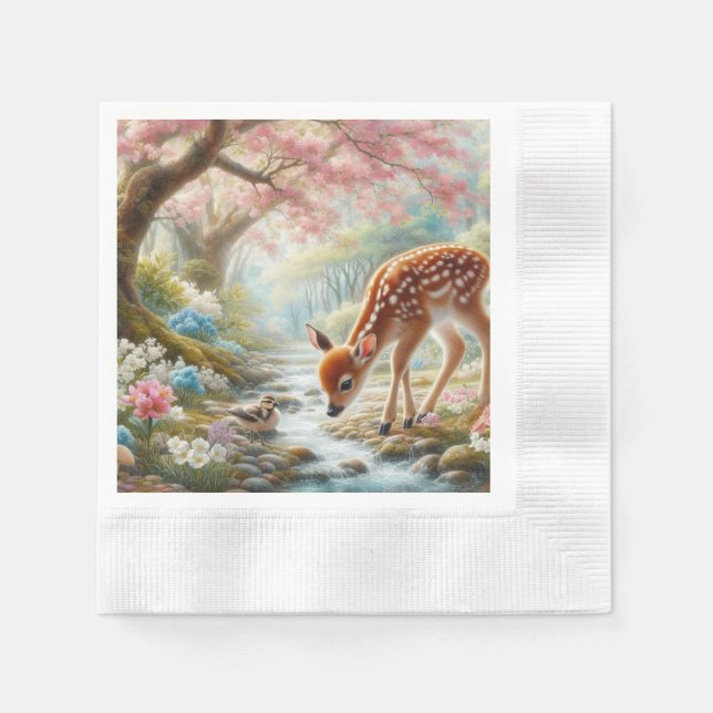 Vår skogen med anka och fawn/hjort pappersservett (Framsidan)