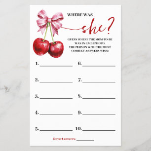 Var skulle Mamma vara Cherry Baby Shower Game Card Flygblad