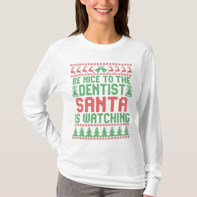 Var snäll mot Dentist Santa IS som tittar på jul T Shirt (Framsida)