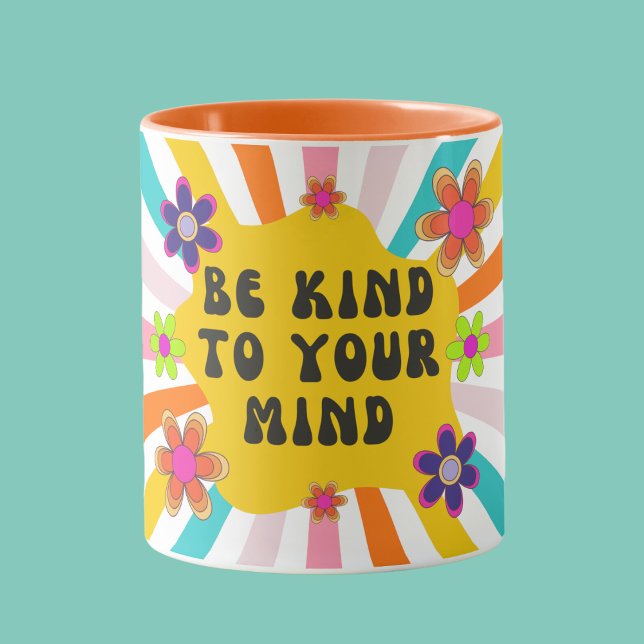 "Var snäll mot ditt sinne", färgstark Retro Mugg ("Be Kind to Your Mind" Colorful Retro Mug)