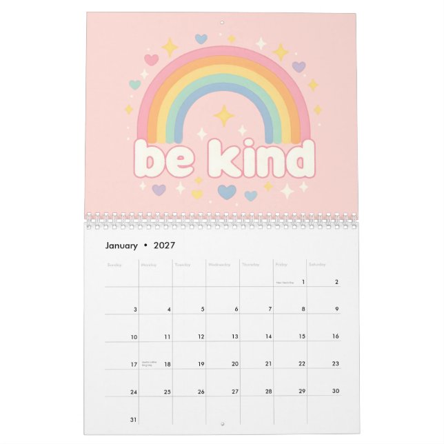 Var snäll – Regnbåge Pastell Positivitet Kalender (Jan 2027)