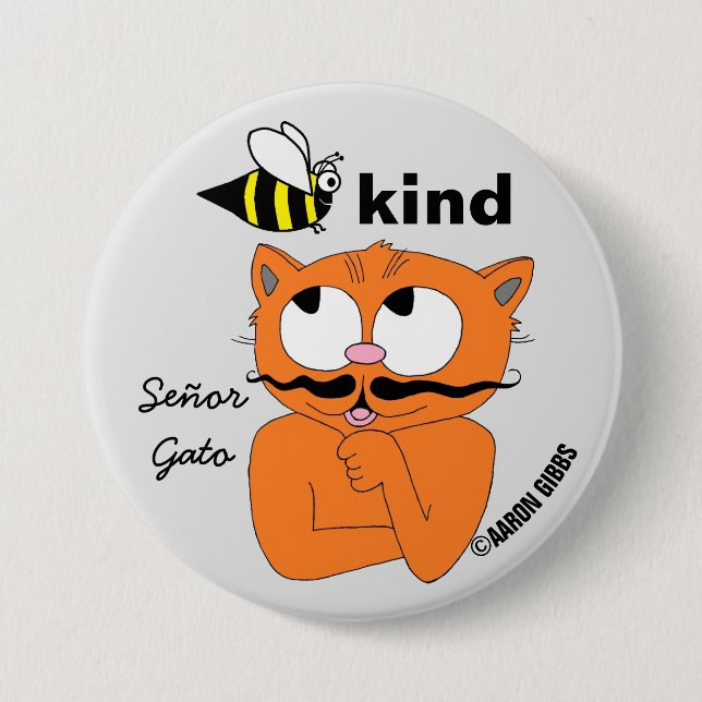 Var snäll (var snäll) Tecknad Mustasch Katt Knapp (Framsida)