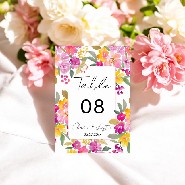 Vår Sommar Blommigt Watercolor Bröllop Bordsnummer (Spring Summer Floral Watercolor Wedding Table Number)