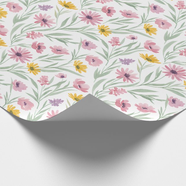 Vår Sommar Gul Rosa Lila Blommig Akvarell Presentpapper (Hörn)