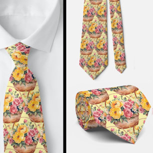 Vår Sommar Rosa och Gult Blommigt Neck Tie Slips