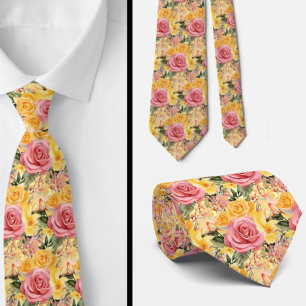 Vår Sommar Rosa och Gult Blommigt Neck Tie Slips
